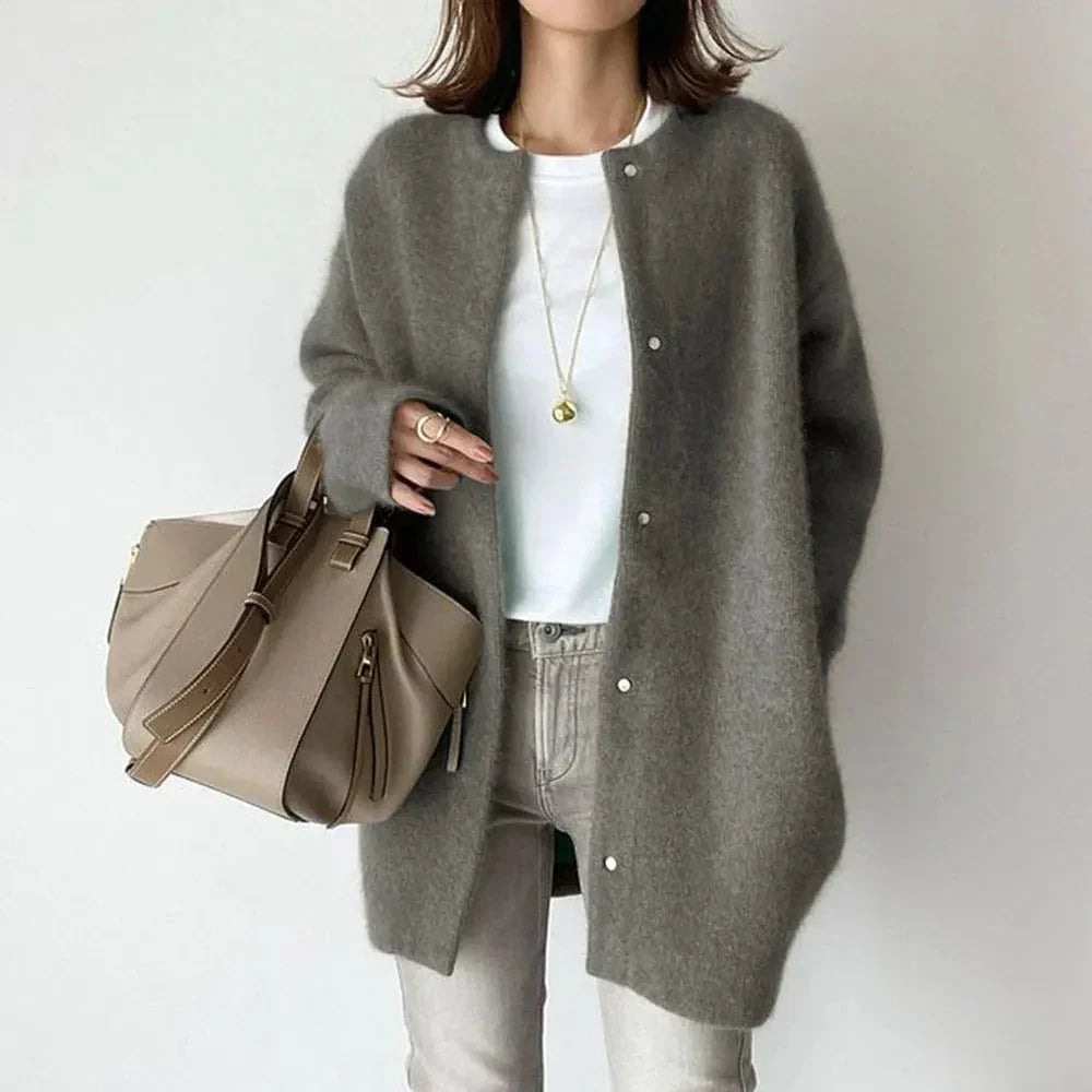 Teagan Oversized Crew Neck Snap Cardigan, Dark Gray