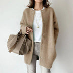 Teagan Oversized Crew Neck Snap Cardigan, Light Brown