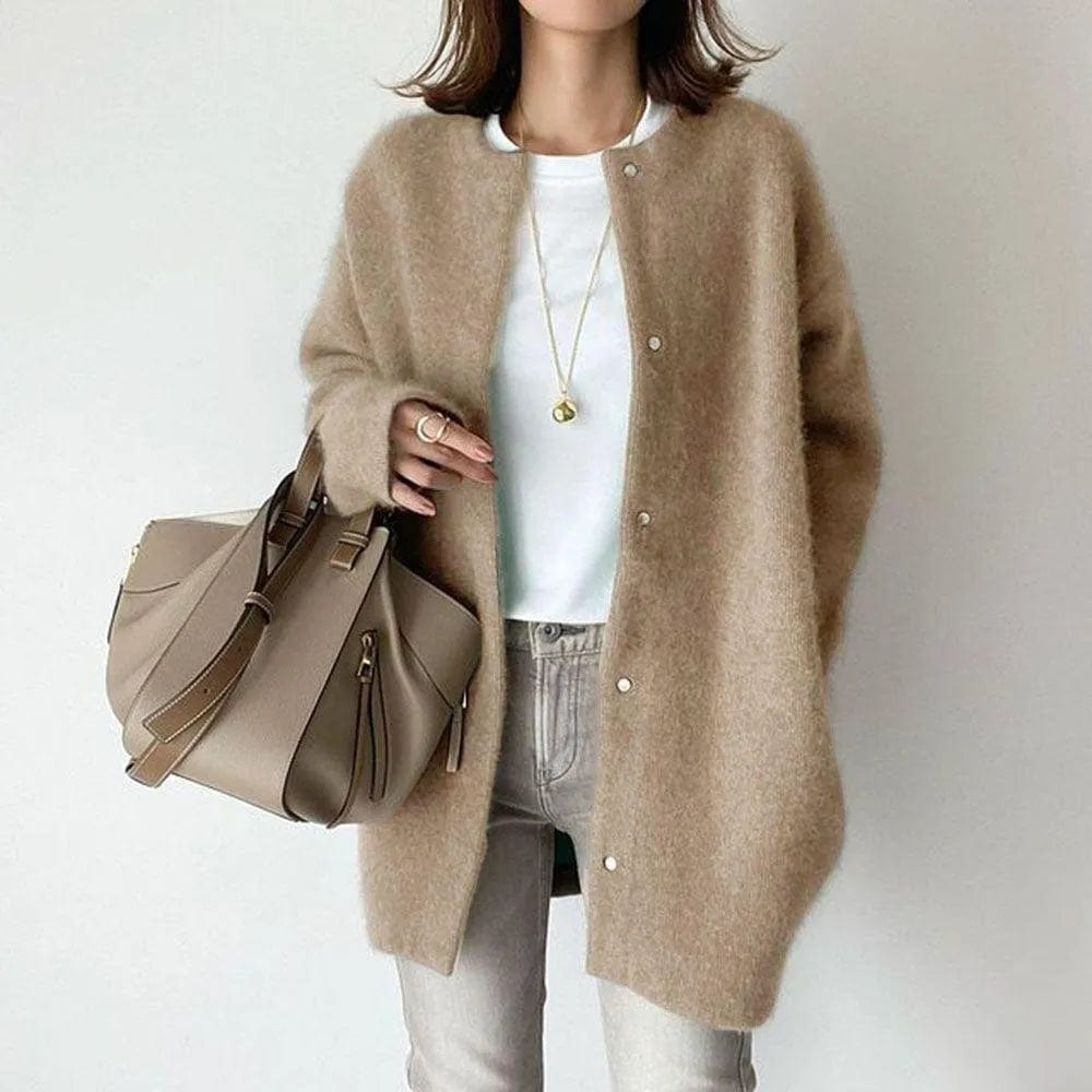 Teagan Oversized Crew Neck Snap Cardigan, Light Brown