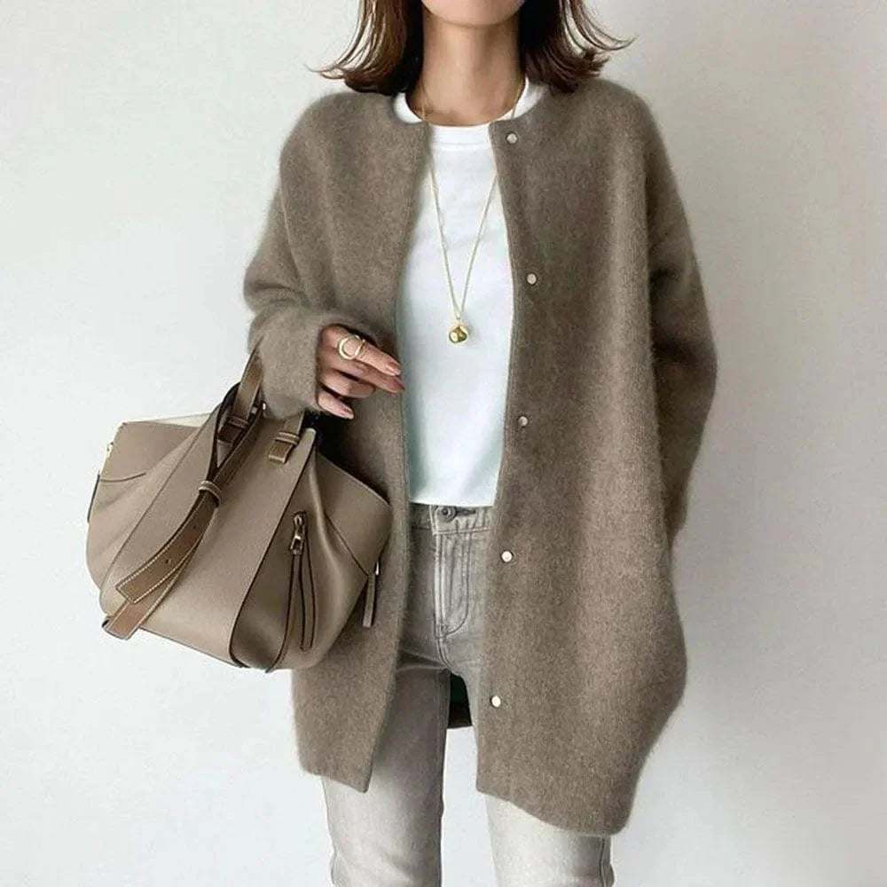 Teagan Oversized Crew Neck Snap Cardigan, Light Gray