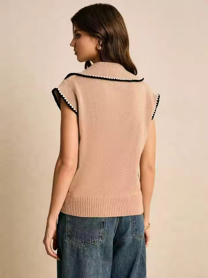 Tessa Brown sleeveless knit sweater vest shown from the back, featuring a polo collar, contrast edging, and ribbed hem