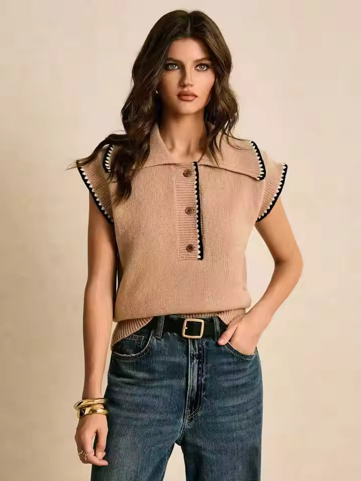 Tessa Brown knit sweater vest with polo collar, contrast trim, button placket, and sleeveless design