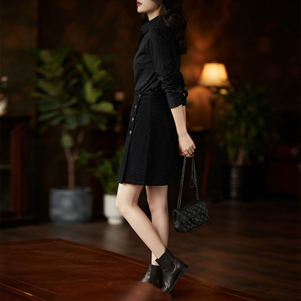 Tessa corduroy mini skirt styled with a high-waist A-line silhouette