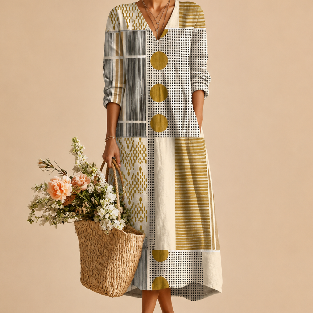 Close-up of the Tessa Lightweight Patchwork Linen Midi Dress showcasing the patchwork details, premium lightweight linen fabric, and elegant craftsmanship. Designed by Bella Hudson.