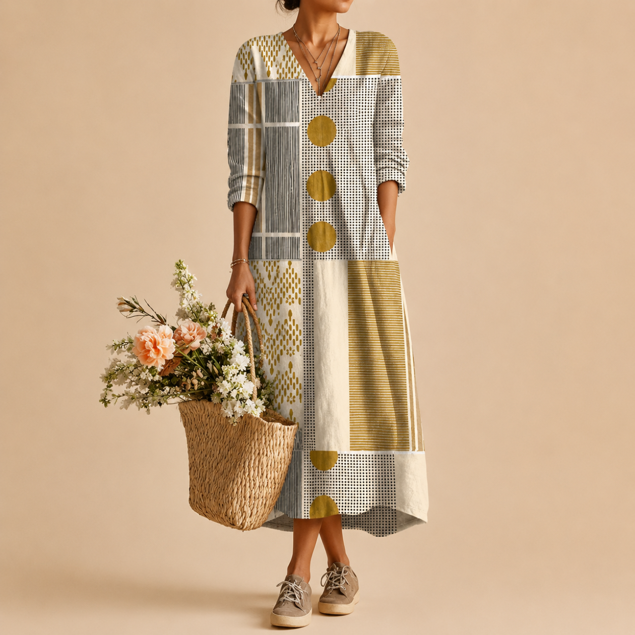 Tessa Lightweight Patchwork Linen Midi Dress, front view highlighting the artistic patchwork print, relaxed fit, and breathable linen fabric. Designed by Bella Hudson.