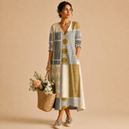 Tessa Lightweight Patchwork Linen Midi Dress, full model view featuring the elegant patchwork pattern and flowing midi-length silhouette. Designed by Bella Hudson.