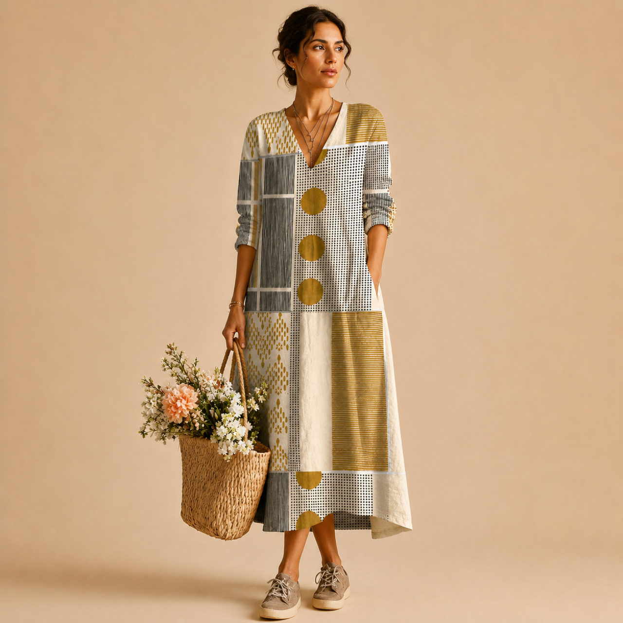 Tessa Lightweight Patchwork Linen Midi Dress, full model view featuring the elegant patchwork pattern and flowing midi-length silhouette. Designed by Bella Hudson.