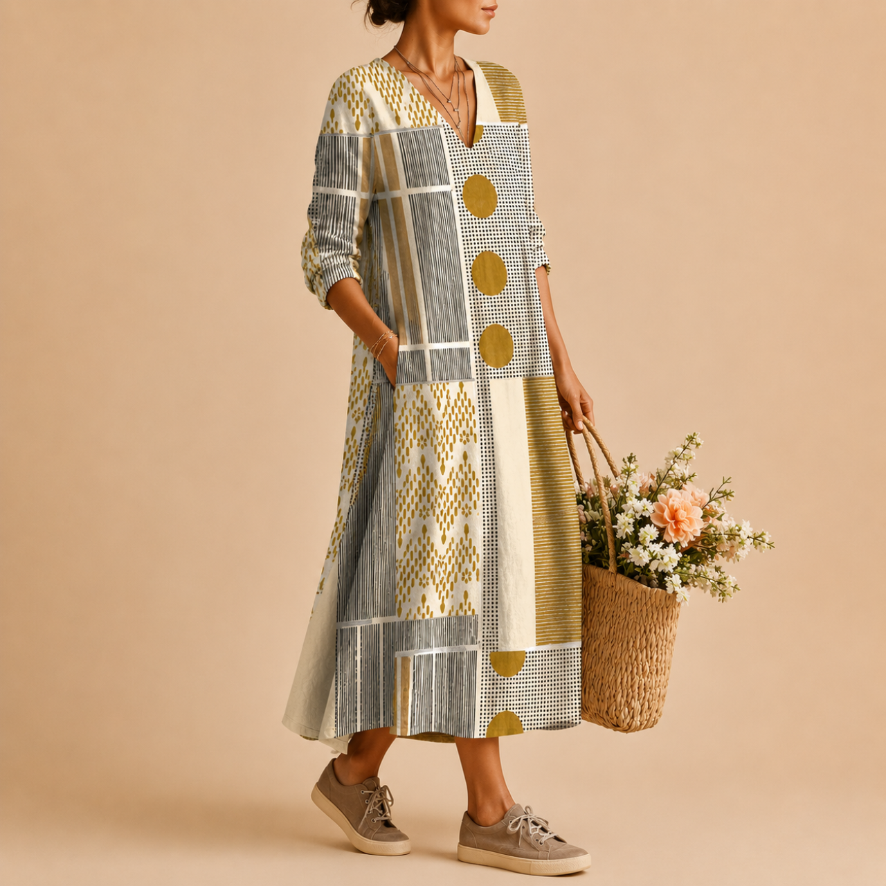 Tessa Lightweight Patchwork Linen Midi Dress, side view showcasing the relaxed silhouette, artistic patchwork design, and lightweight linen fabric. Designed by Bella Hudson.