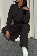 Tessa ribbed knit lounge set featuring a zip-front collared top, long sleeves, and coordinated wide-leg pants