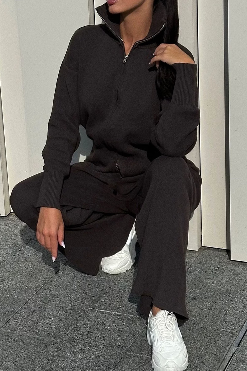 Tessa ribbed knit lounge set featuring a zip-front collared top, long sleeves, and coordinated wide-leg pants