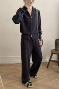 Tessa ribbed knit lounge set featuring a zip-front collared cardigan with long sleeves and matching wide-leg pants