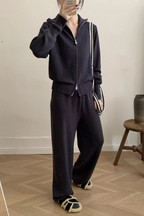 Tessa ribbed knit lounge set featuring a zip-front collared cardigan with long sleeves and matching wide-leg pants