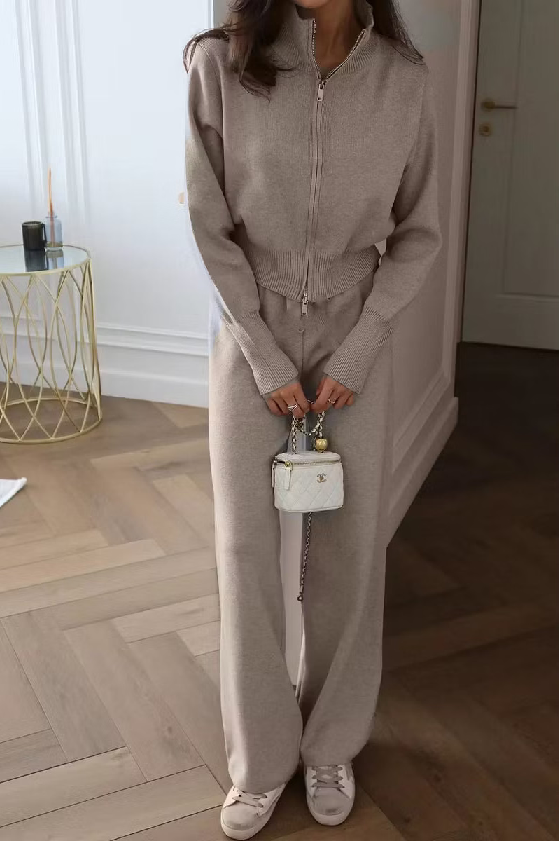 Tessa ribbed knit lounge set shown full length with a relaxed zip-front cardigan and matching wide-leg pants