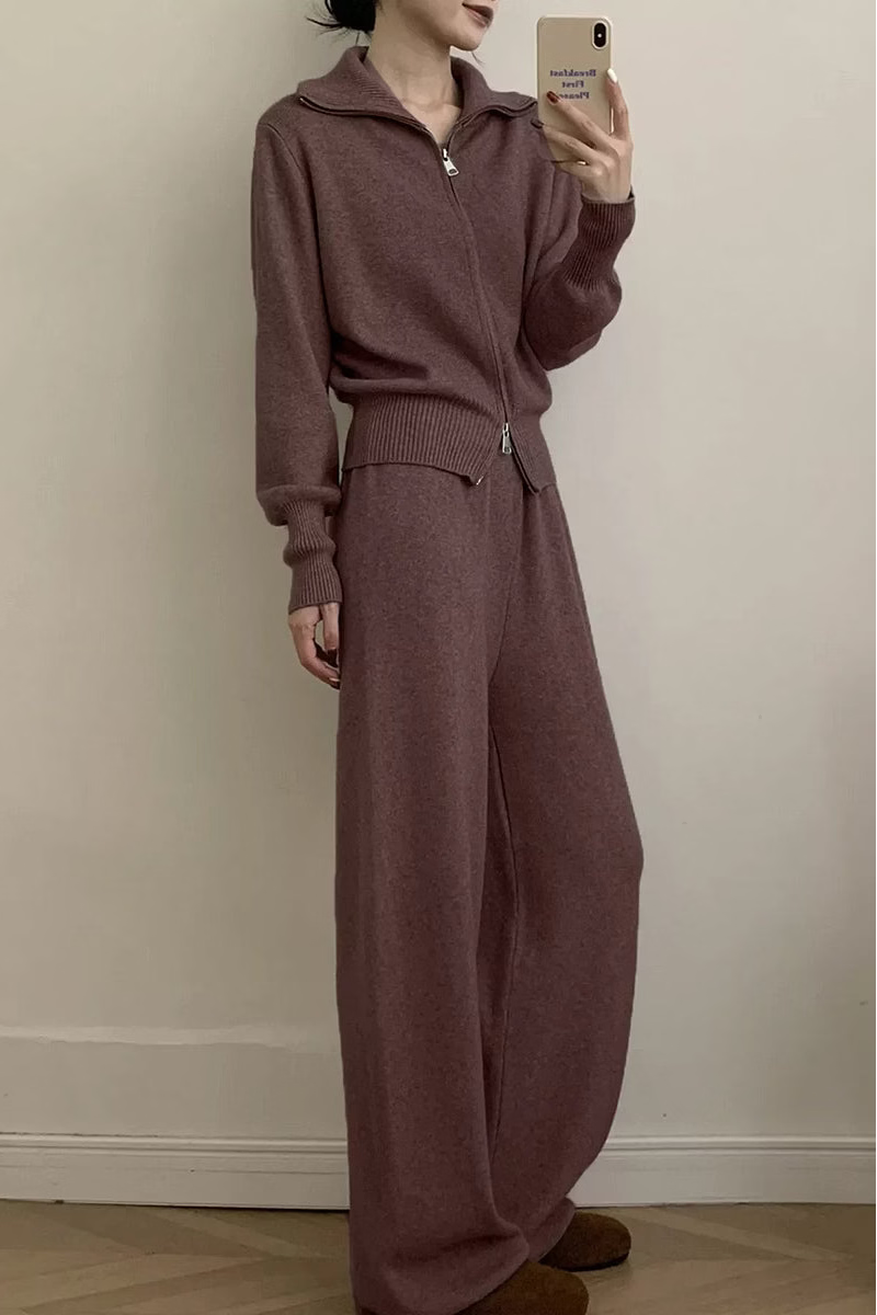 Tessa ribbed knit lounge set featuring a relaxed collared cardigan, full front zipper, and straight wide-leg pants