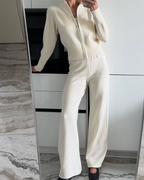 Tessa ribbed knit lounge set shown styled with a zip-front cardigan and matching high-rise wide-leg pants