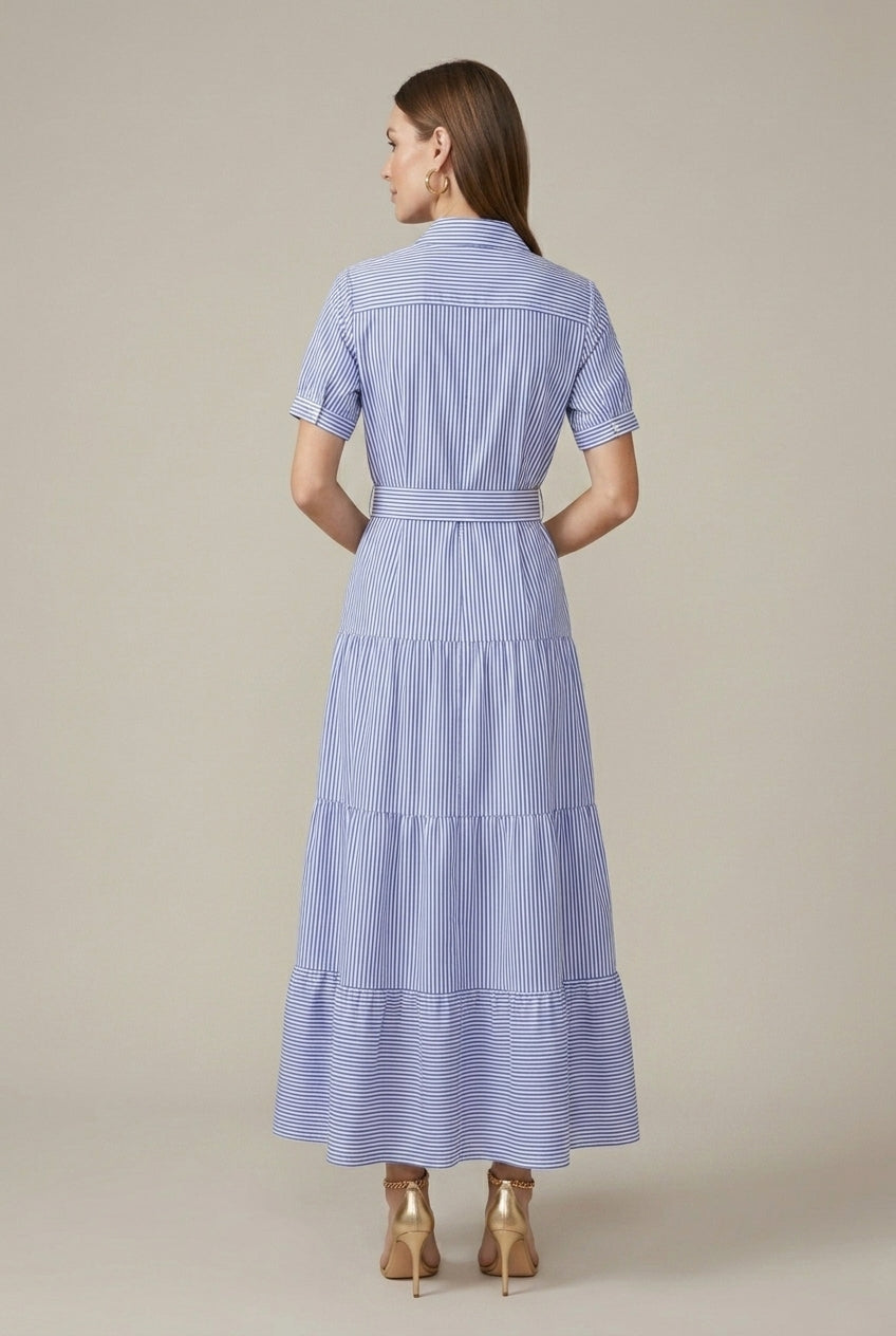 Thea tiered button-down striped midi dress, back view