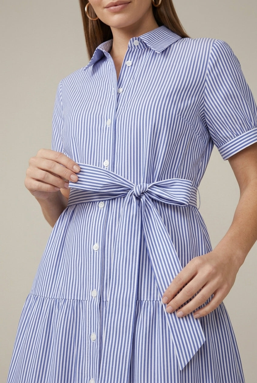 Thea tiered button-down striped midi dress, detail view