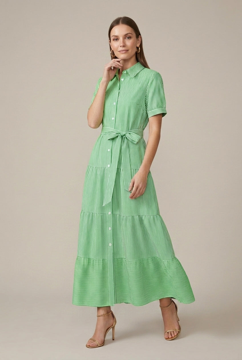 Thea tiered button-down striped midi dress, Green