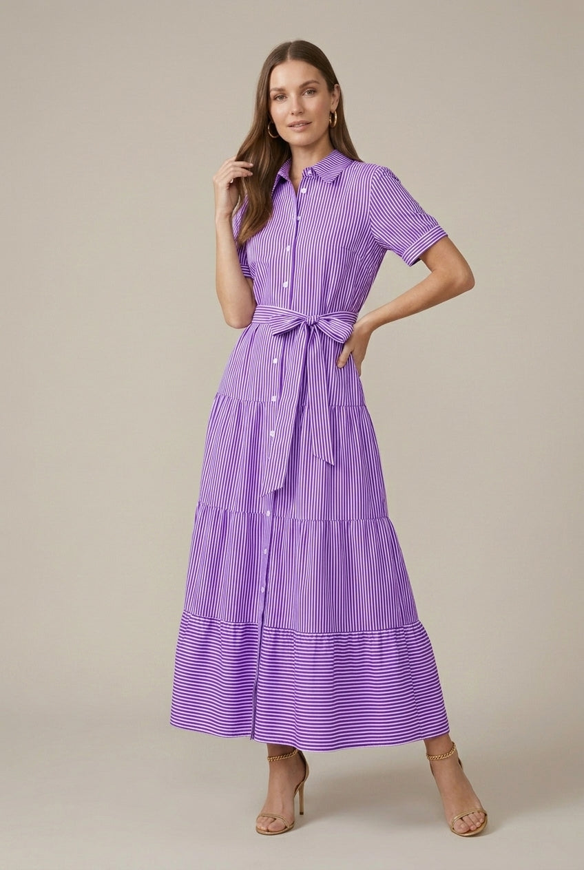 Thea tiered button-down striped midi dress, Purple
