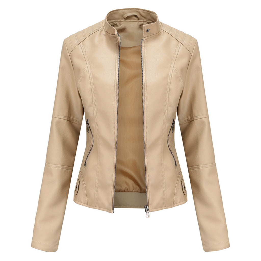 Front view of the Théodine Jacket Faux-Leather Stand-Collar in beige, featuring a structured stand collar, zip-front closure, long sleeves, and a sleek fitted silhouette. Designed by Bella Hudson.