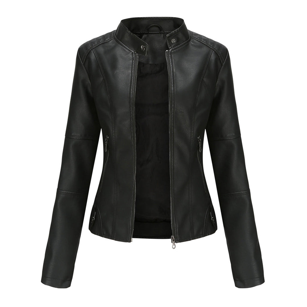 Front view of the Théodine Jacket Faux-Leather Stand-Collar in black, featuring a structured stand collar, zip-front closure, long sleeves, and a fitted faux-leather silhouette. Designed by Bella Hudson.