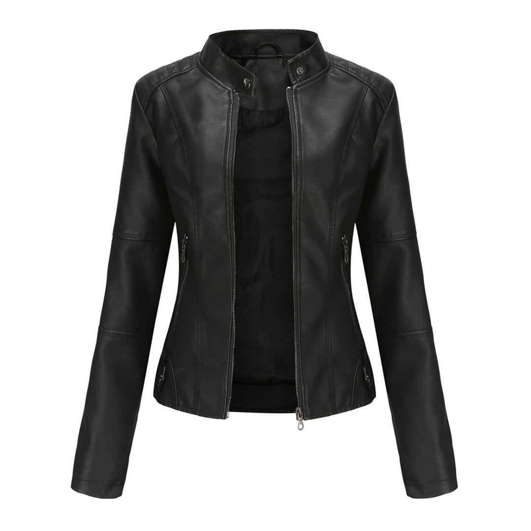 Front view of the Théodine Jacket Faux-Leather Stand-Collar in black, featuring a structured stand collar, zip-front closure, long sleeves, and a fitted faux-leather silhouette. Designed by Bella Hudson.