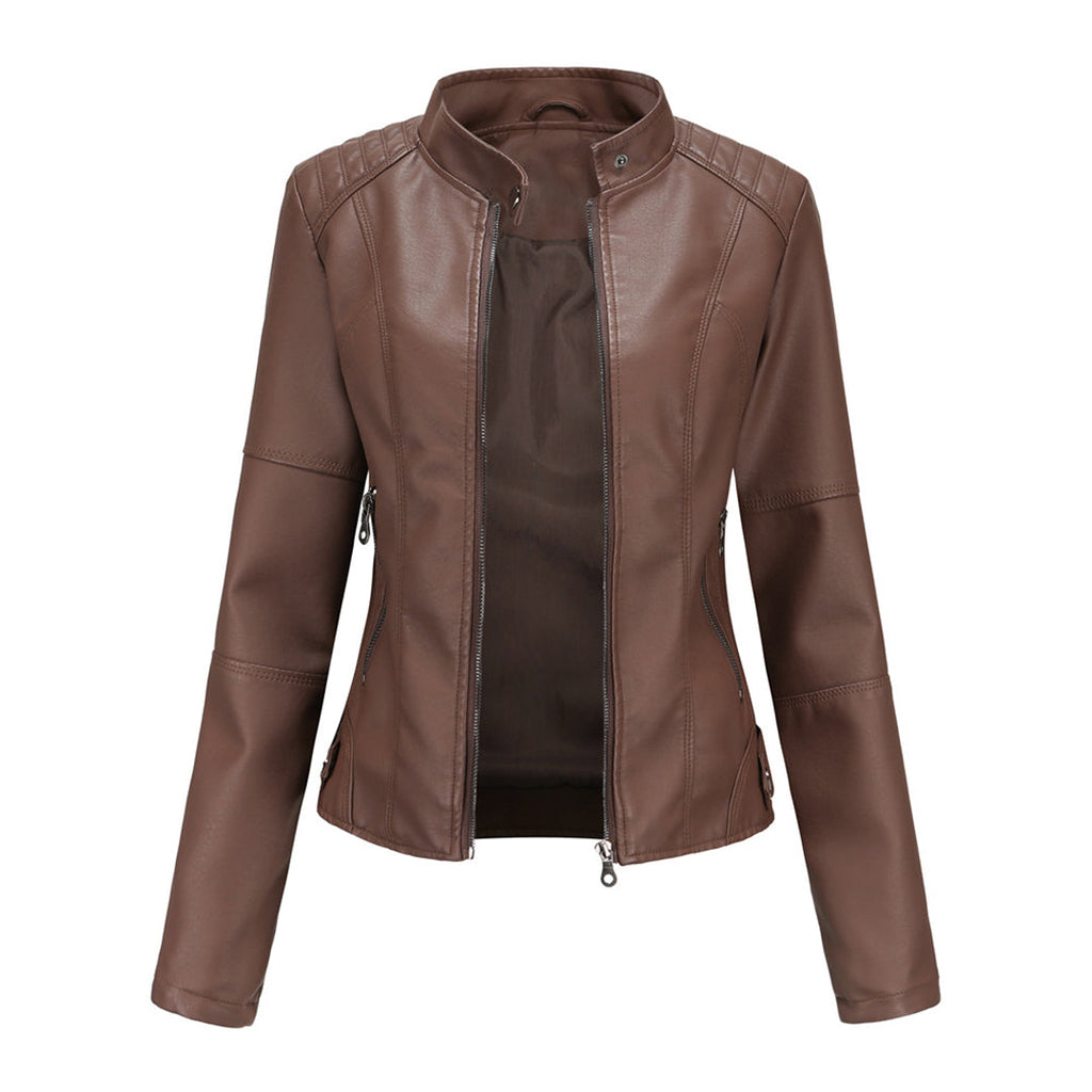 Front view of the Théodine Jacket Faux-Leather Stand-Collar in brown, featuring a stand collar, zip-front closure, long sleeves, fitted waist, and smooth faux-leather finish. Designed by Bella Hudson.