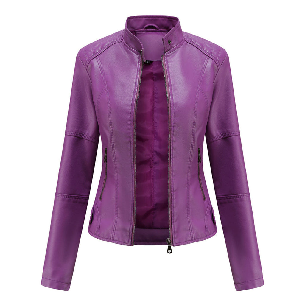 Front view of the Théodine Jacket Faux-Leather Stand-Collar in purple, featuring a structured stand collar, zip-front closure, long sleeves, and a fitted faux-leather silhouette. Designed by Bella Hudson.