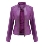 Front view of the Théodine Jacket Faux-Leather Stand-Collar in purple, featuring a structured stand collar, zip-front closure, long sleeves, and a fitted faux-leather silhouette. Designed by Bella Hudson.
