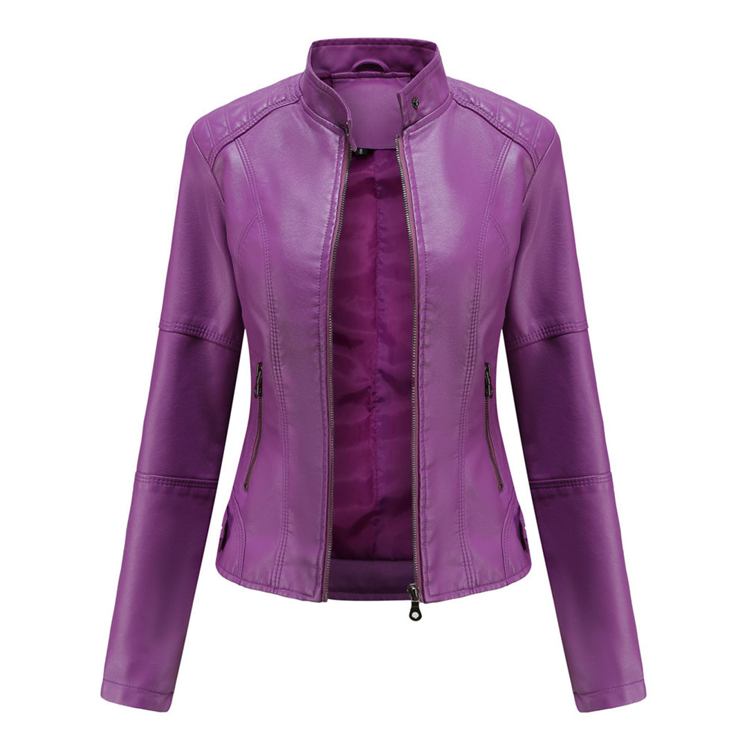 Front view of the Théodine Jacket Faux-Leather Stand-Collar in purple, featuring a structured stand collar, zip-front closure, long sleeves, and a fitted faux-leather silhouette. Designed by Bella Hudson.