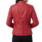 Back view of the Théodine Jacket Faux-Leather Stand-Collar in red, highlighting the fitted waist, structured seams, long sleeves, and smooth faux-leather finish. Designed by Bella Hudson.