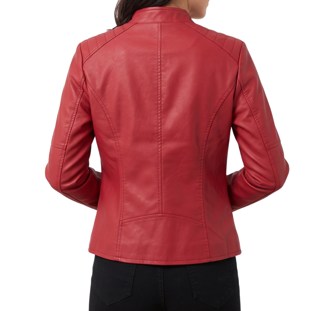 Back view of the Théodine Jacket Faux-Leather Stand-Collar in red, highlighting the fitted waist, structured seams, long sleeves, and smooth faux-leather finish. Designed by Bella Hudson.