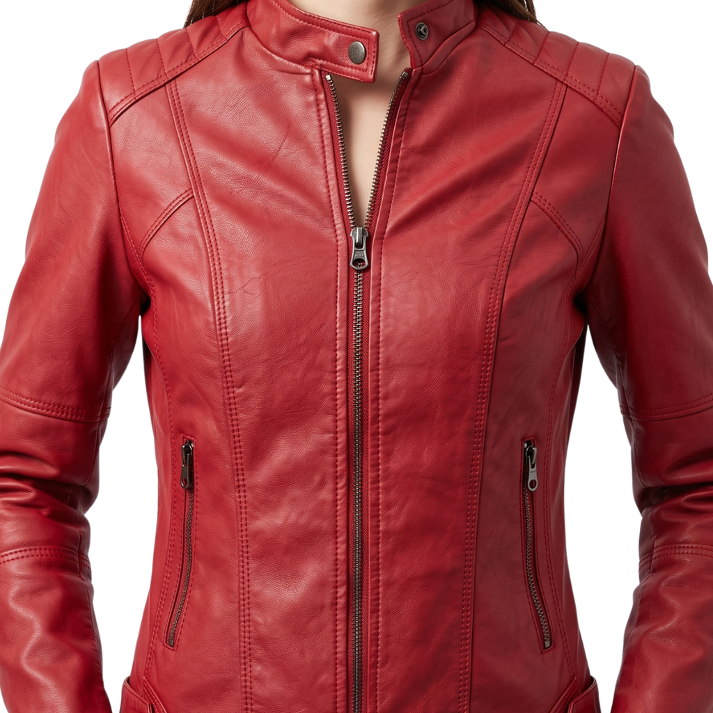 Front detail view of the Théodine Jacket Faux-Leather Stand-Collar in red, showcasing the stand collar, zip-front closure, seam detailing, and smooth faux-leather texture. Designed by Bella Hudson.