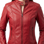 Front detail view of the Théodine Jacket Faux-Leather Stand-Collar in red, showcasing the stand collar, zip-front closure, seam detailing, and smooth faux-leather texture. Designed by Bella Hudson.