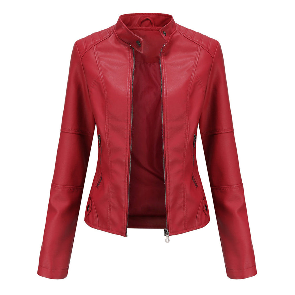 Front view of the Théodine Jacket Faux-Leather Stand-Collar in red, featuring a structured stand collar, zip-front closure, long sleeves, fitted silhouette, and smooth faux-leather finish. Designed by Bella Hudson.
