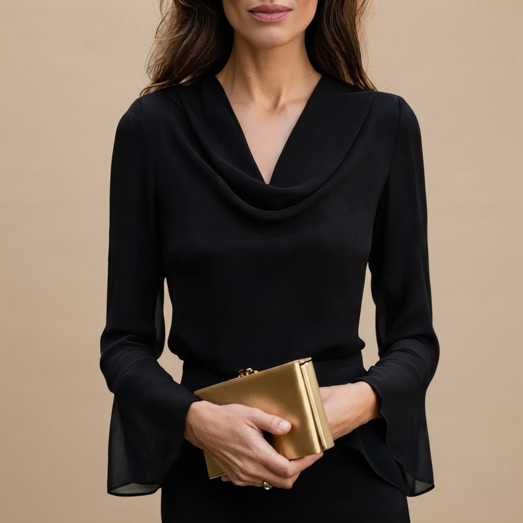 Front view of the Theodora Blouse Cowl-Neck Long-Sleeve in Black, featuring an elegant cowl neckline and long sleeves. Designed by Bella Hudson.