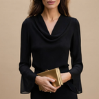 Front view of the Theodora Blouse Cowl-Neck Long-Sleeve in Black, featuring an elegant cowl neckline and long sleeves. Designed by Bella Hudson.