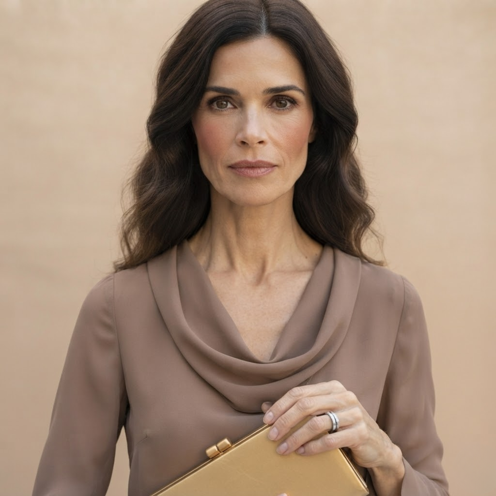 Close-up front view of the Theodora Blouse Cowl-Neck Long-Sleeve in Brown, showcasing the elegant cowl neckline. Designed by Bella Hudson.