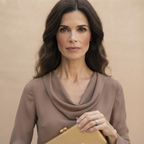 Close-up front view of the Theodora Blouse Cowl-Neck Long-Sleeve in Brown, showcasing the elegant cowl neckline. Designed by Bella Hudson.