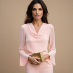 Front view of the Theodora Blouse Cowl-Neck Long-Sleeve in Pink, featuring an elegant cowl neckline and long sleeves. Designed by Bella Hudson.