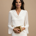 Front view of the Theodora Blouse Cowl-Neck Long-Sleeve in White, featuring an elegant cowl neckline and long sleeves. Designed by Bella Hudson.