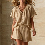 Theodora button-front top and shorts set, view 1