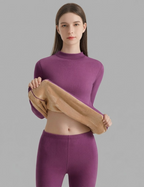 Women's thermal underwear set with a fitted high-neck top, matching leggings, and an interior fabric detail