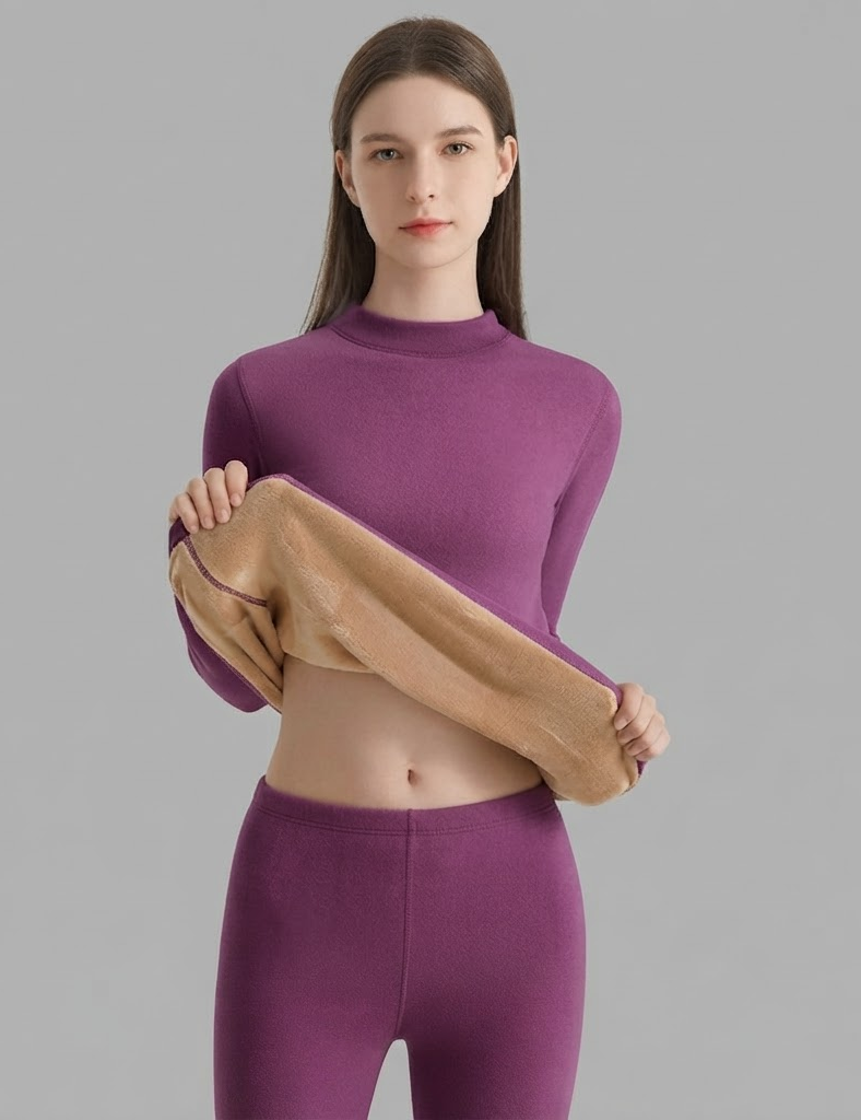 Women's thermal underwear set with a fitted high-neck top, matching leggings, and an interior fabric detail