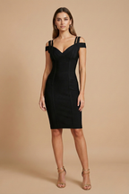 Front view of the Valentina Bandage Midi Dress Off-Shoulder Body-Hugging in black, featuring an off-shoulder neckline, fitted bodice, short sleeves, and a sleek body-hugging midi silhouette. Designed by Bella Hudson.