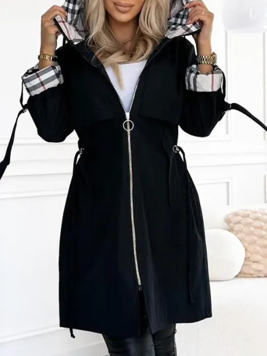 Valentina Long Sporty-Chic Hooded Jacket, Black