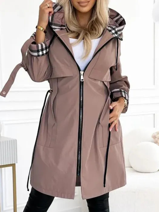 Valentina Long Sporty-Chic Hooded Jacket, Brown
