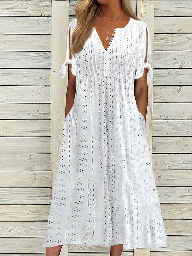 Vesper eyelet lace-up V-neck midi dress, view 3