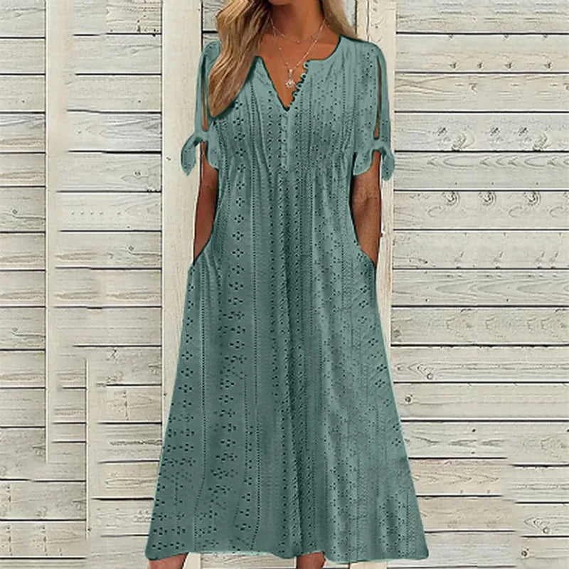 Vesper eyelet lace-up V-neck midi dress, view 4