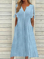 Vesper eyelet lace-up V-neck midi dress, view 5